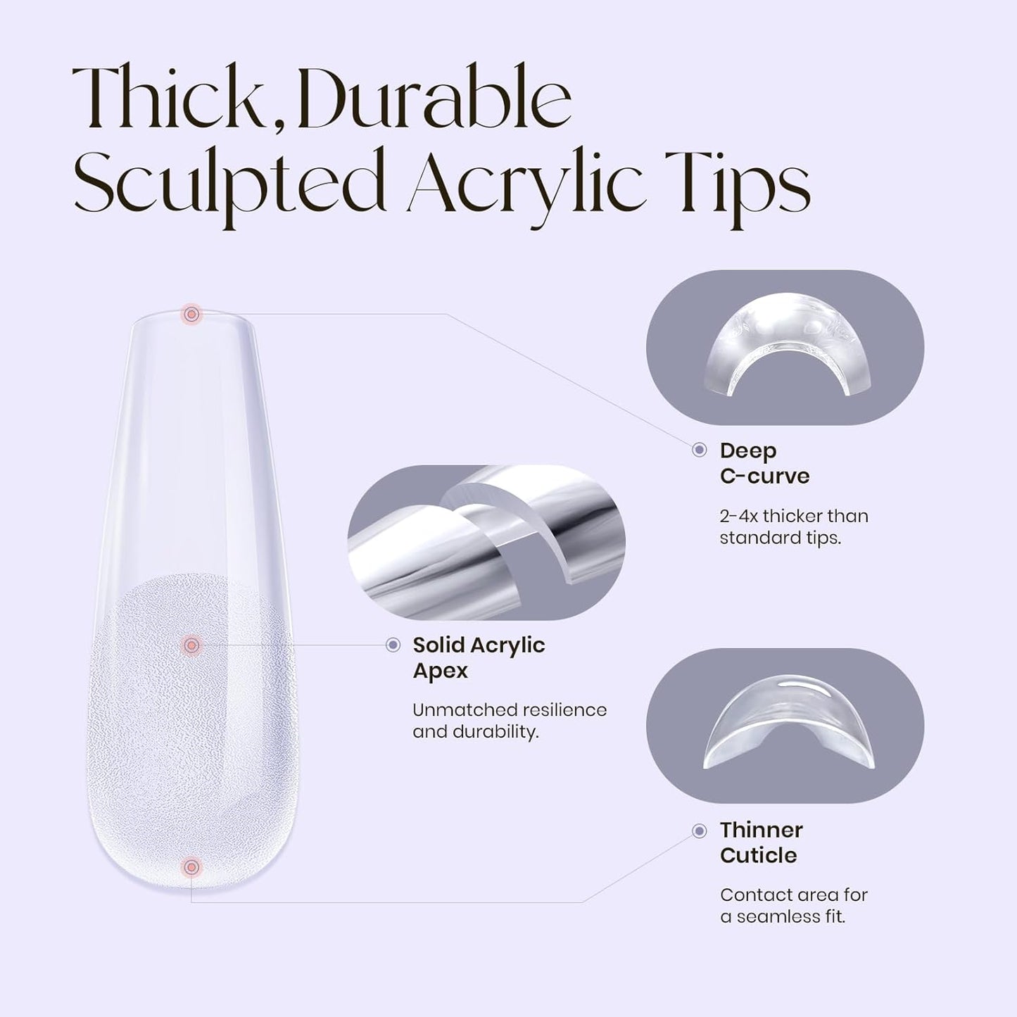 Tipex Instant Apex Gel Nail Tips Kit – 500pcs Pre-Etched Sculpted Long Coffin Acrylic Nail Tips, Thicker Full Cover Press-On Nails for Flat Nails, 30g/1.06oz UV Nail Glue Included