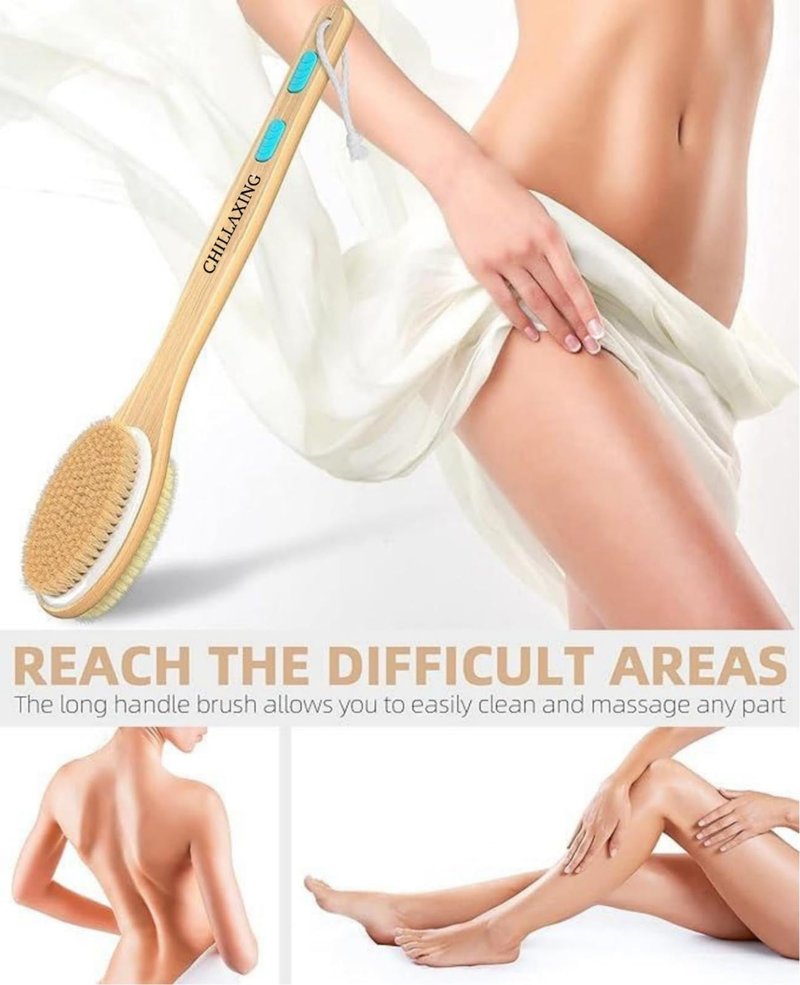 Chillaxing Long Handle Shower Brush – Eco-Certified, Eco-Friendly, 100% Vegan & Cruelty-Free, Dual-Sided Soft & Stiff Bristles, Back Scrubber & Body Exfoliator for Wet or Dry Brushing