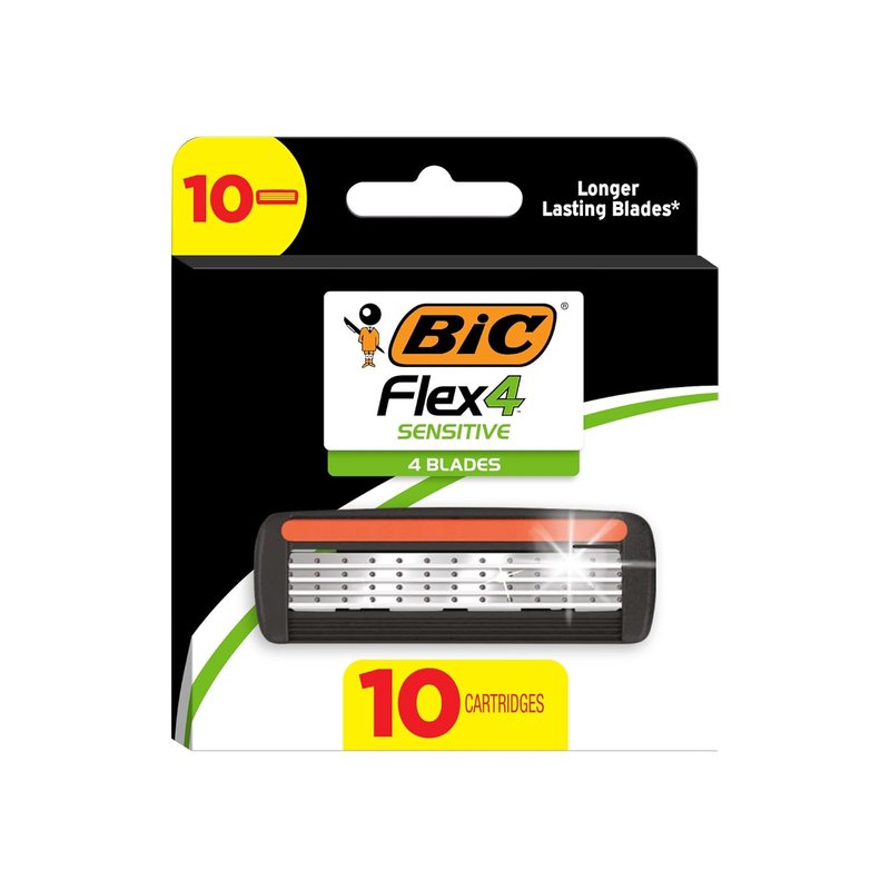 BIC Flex 4 Razors for Men - Long-Lasting 4 Blade Razor Refills for Sensitive Skin | 10 Cartridges