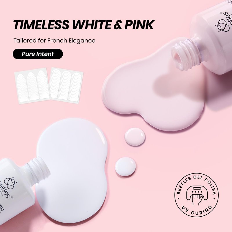 Beetles French Tip Gel Polish Set - Spring White Pink Gel Nail Polish Set 15ML Full Size Soak Off UV LED with 2 Styles Classic French Nail Art Sticker Sheets Manicure DIY Home Salon Gifts for Women