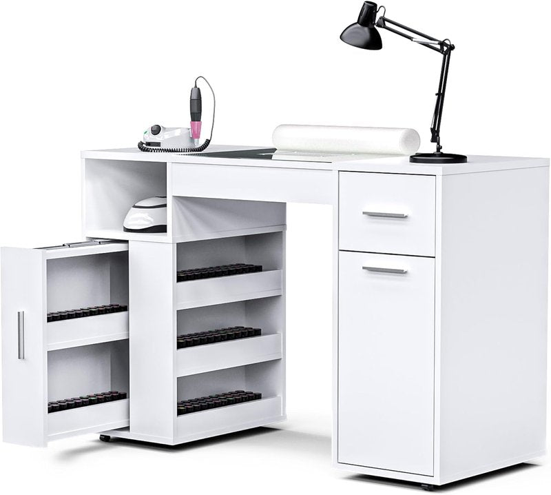Manicure Table - Nail Desk with Glass Top & Dust Collector | Beauty Salon Workstation in White