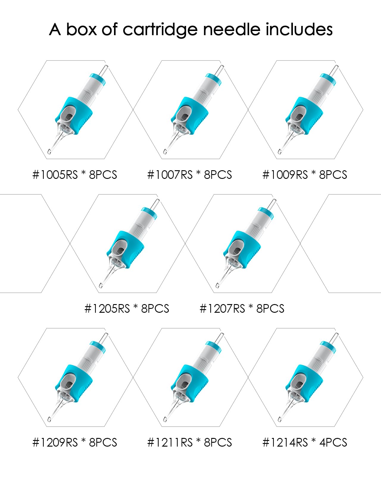 60 Assorted Tattoo Needles Cartridge Mixed Size #10 Bugpin Round Shader 5RS 7RS 9RS and Size #12 Standard Round Shader 5RS 7RS 9RS 11RS 14RS Disposable Membrane EN05S-BFG-60KIT-S