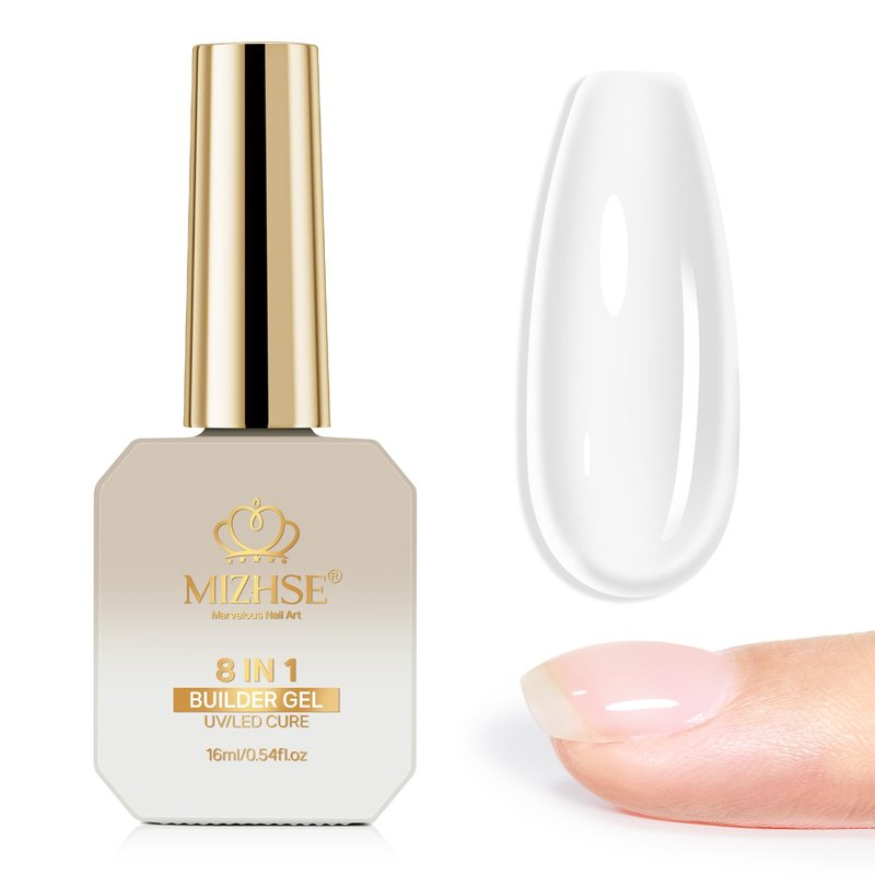 MIZHSE Builder Gel for Nails, 8-in-1 Clear Hard Builder Nail Gel Strengthener Gel Thickening Extension Rhinestone Glue in a Bottle for Nail Salon LED & U V Lamp Needed 16mL