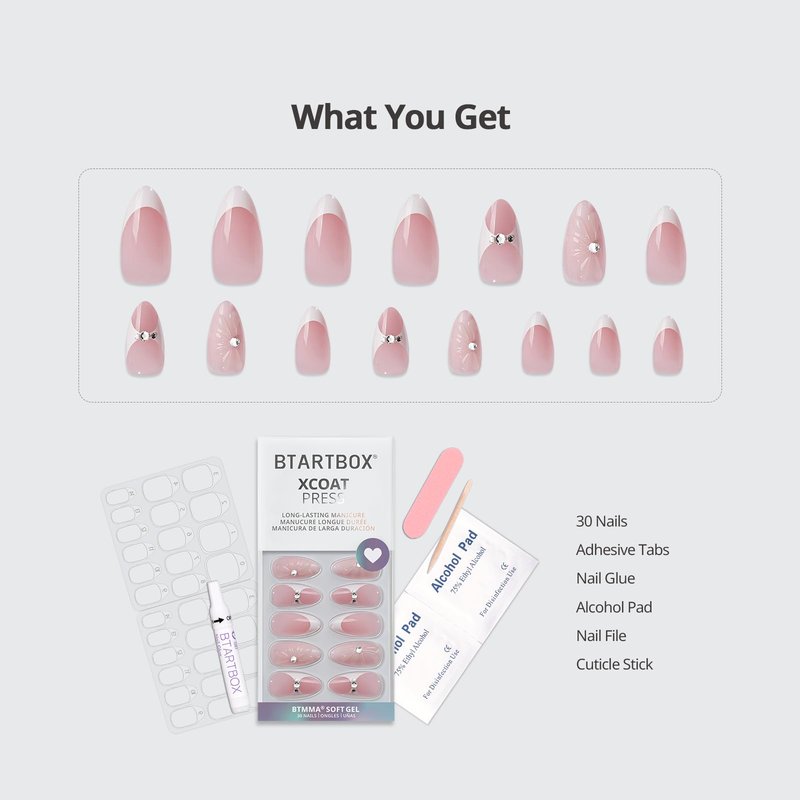 BTArtbox French Tip Press On Nails - Lamp-Curable 3D Medium Almond Press On Nails with Glue for Women, Semi-Transparent Soft Gel Glue On Nails in 15 Sizes - 30 Stick On Nails Kit, Prom Queen