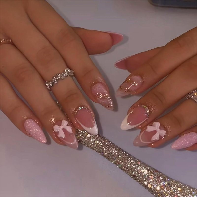 French Tip Press-On Nails - 24pcs Medium Almond with 3D Bow & Glitter Rhinestones | Reusable Full Cover Nail Art for Women