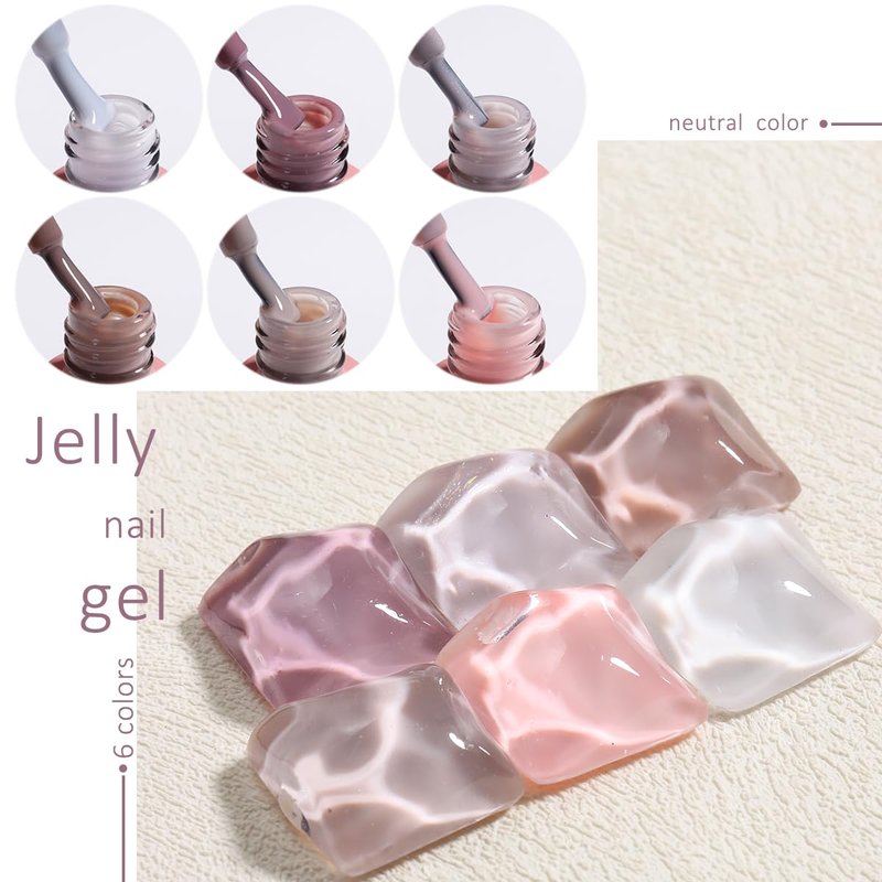 Fcozpjk Jelly Gel Nail Polish Set 6 Colors Translucent Nail Gel Kit with Top & Base Coat Neutral Pink Nude Brown Milky White Nail Gel Polish Soak Off UV Light Cure Crystal Gel Manicure Salon Supplies
