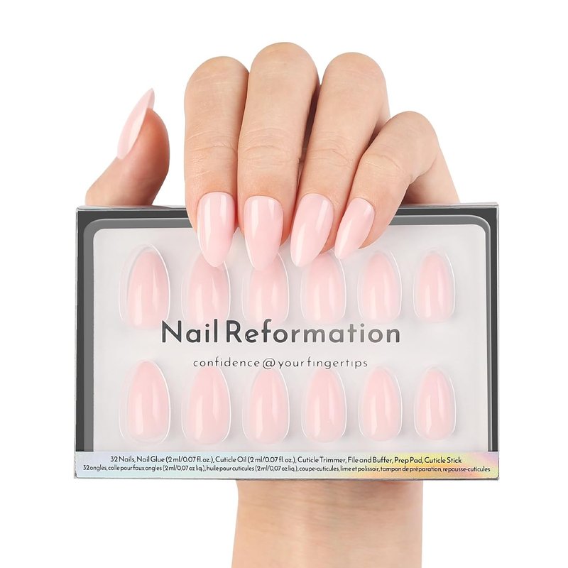Nail Reformation Press On Nails, Soft Pink Short Almond Fake Nails in Glossy Finish, Salon Quality, Natural Reusable Opaque Stick On Nails in 16 Sizes - 32 Nail Kit with Glue, Manicure Gifts for Women