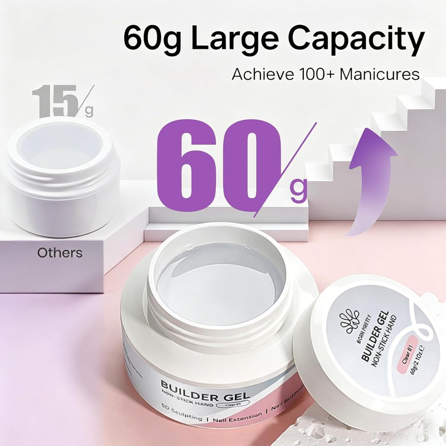 Solid Hard Builder Gel for Nails - 60g Professional 3D Sculpting & Extension Gel with Sequins & Chrome Powder | Non-Sticky Soak Off Formula