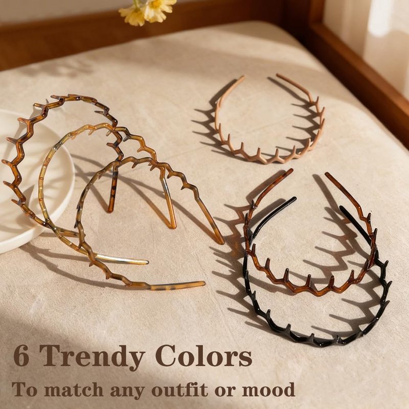Skiennix 6 Pack Zig Zag Headbands - Non-Slip Hair Bands for Daily Wear | 90s Retro Style Accessories
