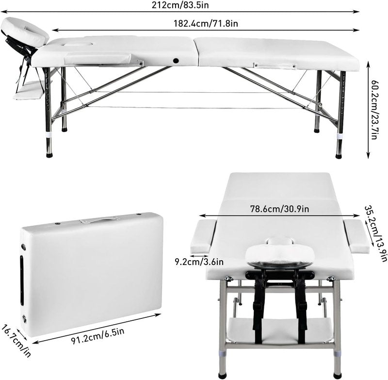 Portable Massage Table - Foldable Height Adjustable Lash Bed | PU Leather Facial Tattoo Bed (White)