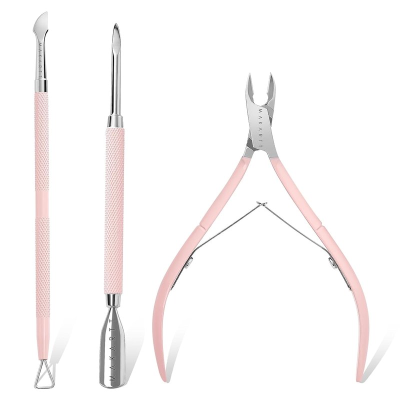 Makartt Cuticle Trimmer Set - Professional 3 PCS Pink Nail Tools with Stainless Steel Dual End Pusher | Manicure & Pedicure Essentials