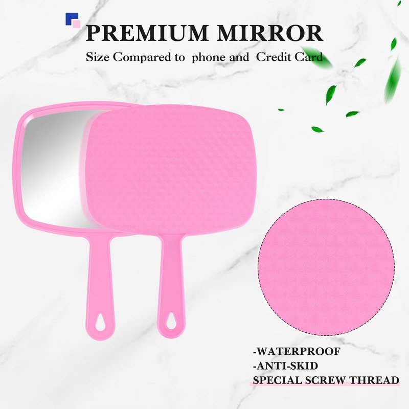 Jetec 3 Pcs Hand Handheld Mirrors with Handle Bulk, Small Portable Salon Barber Hairdressing Vanity Cosmetic Mirror for Travel, Home, Square(9.17 x 6.53 Inch,Blue, White, Pink)