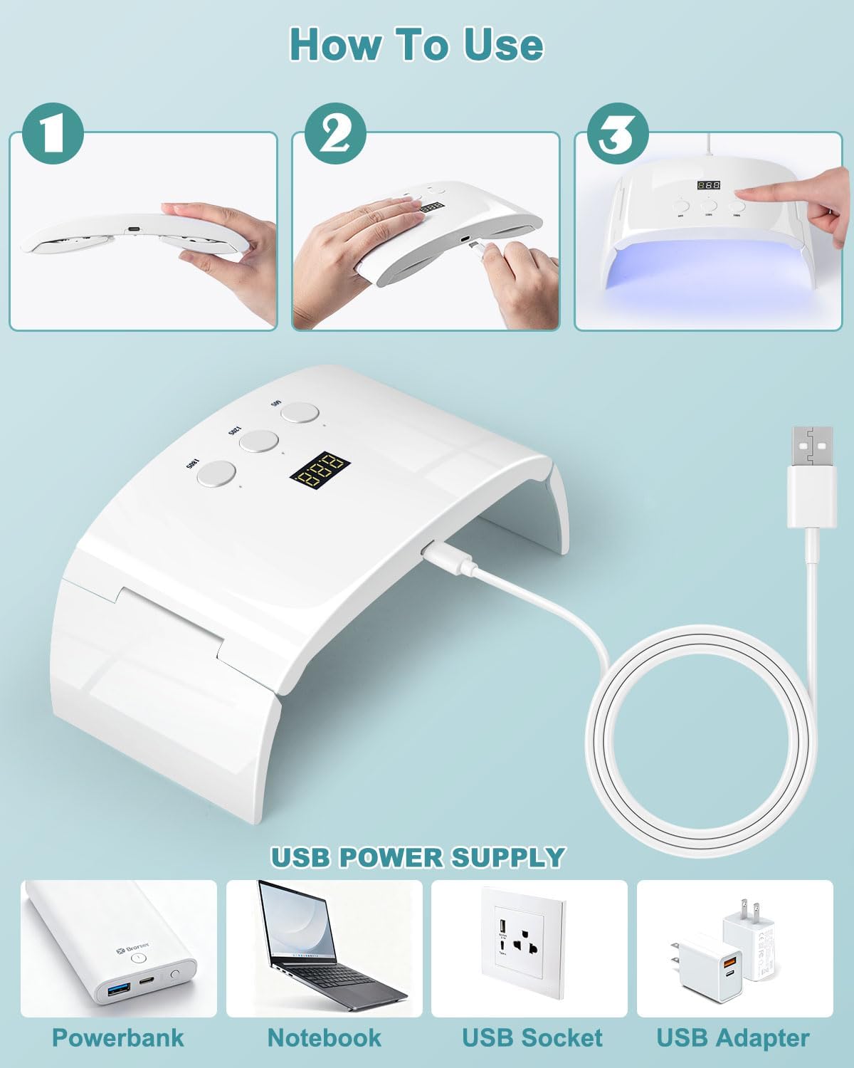 Skiennix UV LED Nail Lamp - Spacious Foldable Curing Light Dryer for Gel Nails | White