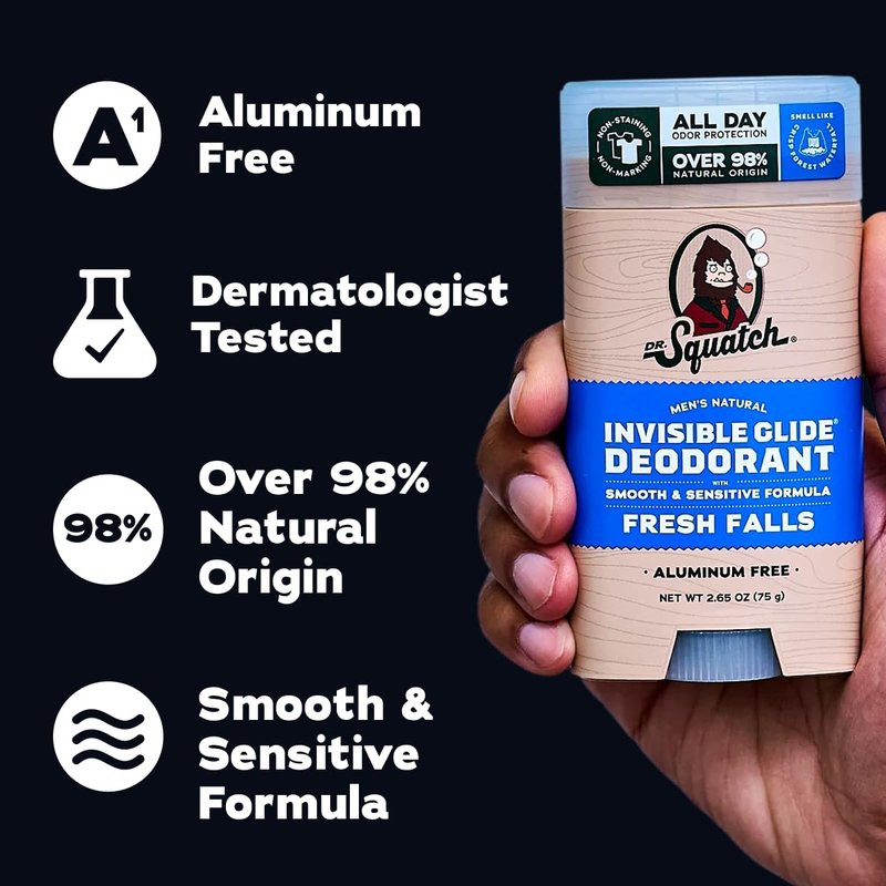 Dr. Squatch Invisible Glide Natural Men’s Deodorant – Smooth Glide, No Stains – Aluminum Free Deodorant Men – Safe for Sensitive Skin – Fresh Falls + Coconut Castaway, 2.65oz (2-Pack)