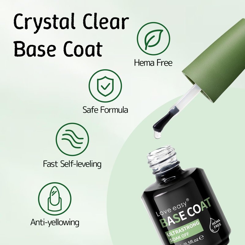 Love Easy Base Coat Gel Polish Set for Nails, 2 Pack Clear Crystal Strengthen Apex Building Enhance Reinforce, Long Lasting 28+ Days, Safe Formula Protect Uneven Thin Damaged Weak Nail（U V Lamp Cured）