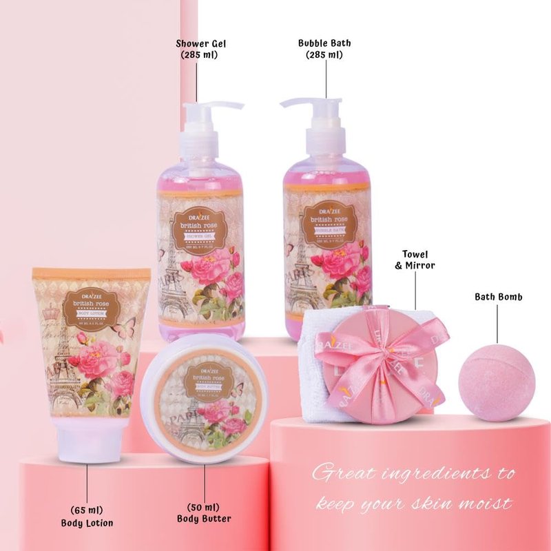 Mother’s Day Gift Baskets for Women, 8 Pc British Rose Spa Gift Set, Heel Shoe Bath Basket, Luxury Self Care Kit for Mom, Relaxing Bath and Body Set, Home Spa Gifts for Her by Draizee