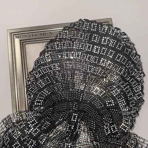 Munyee Hua Square Rhinestone Head Scarf for Women Bling Sparkly Hijab Stretchy Rave Turban Hat Handmade Headband Crystal Mesh Cap Hair Snood Nets Vintage Dress Concert Headpiece Black