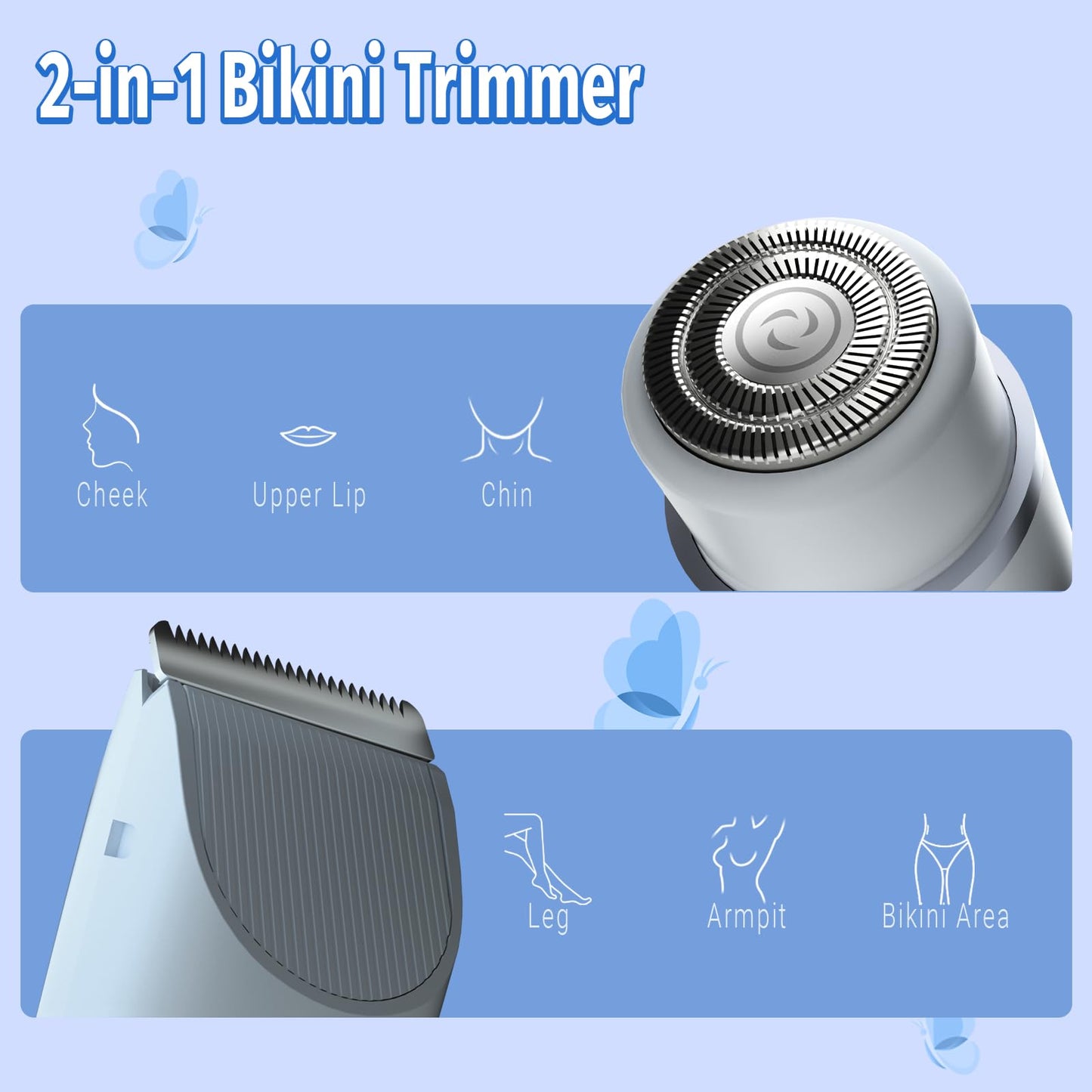 Bikini Trimmer for Women, 2 in 1 Electric Razor & Bikini Shaver for Womens IPX7 Waterproof Body Hair Trimmer and Facial Hair Remover,Blue