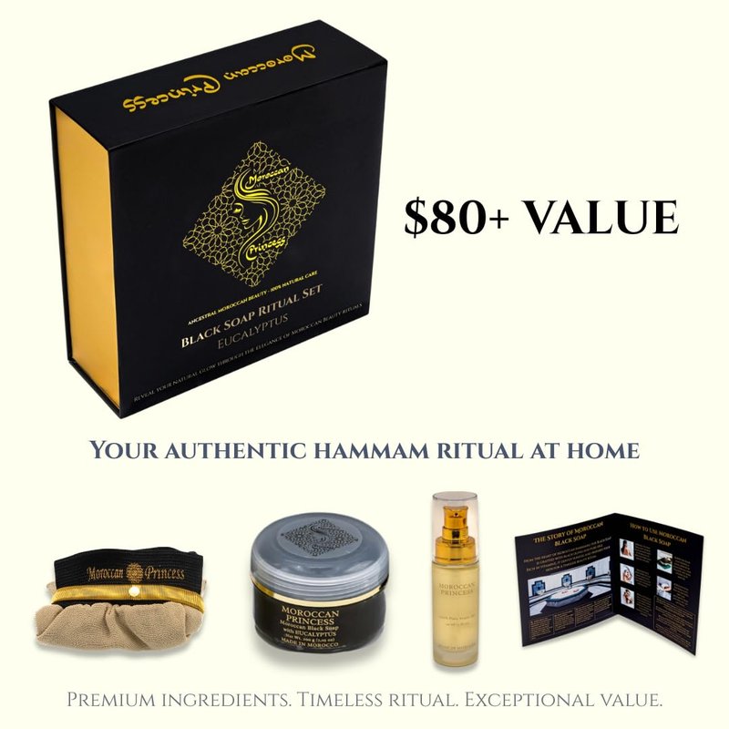Moroccan Princess Moroccan Black Soap Set – Authentic Hammam Ritual Kit with Argan Oil & Kessa Exfoliating Glove – Exfoliating Body Scrub – Self Care & Gift Set – 200ml
