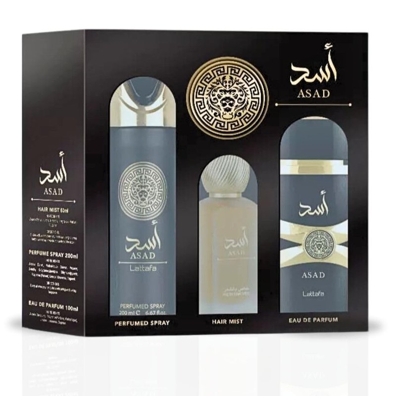 Lattafa Asad Eau De Parfum Spray - 100ML, Hair Mist - 50ML, Perfumed Spray 200ML | Gift Set