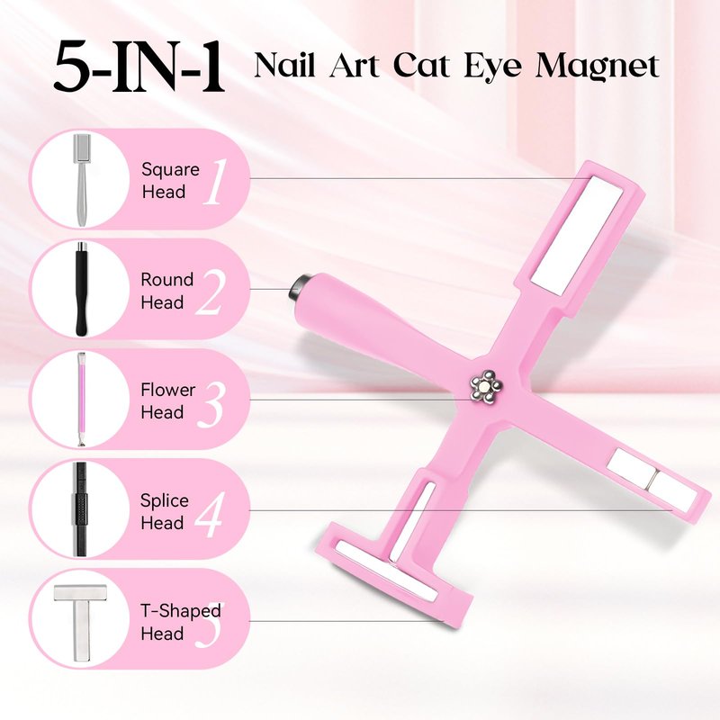 MIZHSE 5 in 1 Nail Magnet Tool, Multifunctional Cat Eye Magnet, Pink Magnet Stick for Magnetic Cat Eye Effect, Nail Art Pen for Nail Design Salon Home DIY