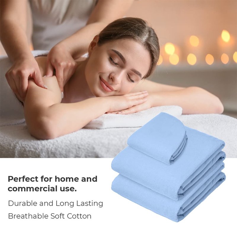 AVALON CARE Massage Table Sheets Set - 3 Pcs 100% Cotton Flannel - Fitted Sheets, Flat Sheet & Face Cover - Soft & Smooth Massage Bed Cover - Sky Blue
