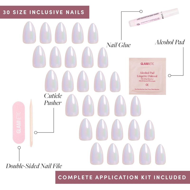 Glamnetic Press On Nails - Entranced | Short Almond White Holographic Fake Nails, Semi-Transparent, Salon Quality| 15 Sizes - 30 Nail Kit with Glue