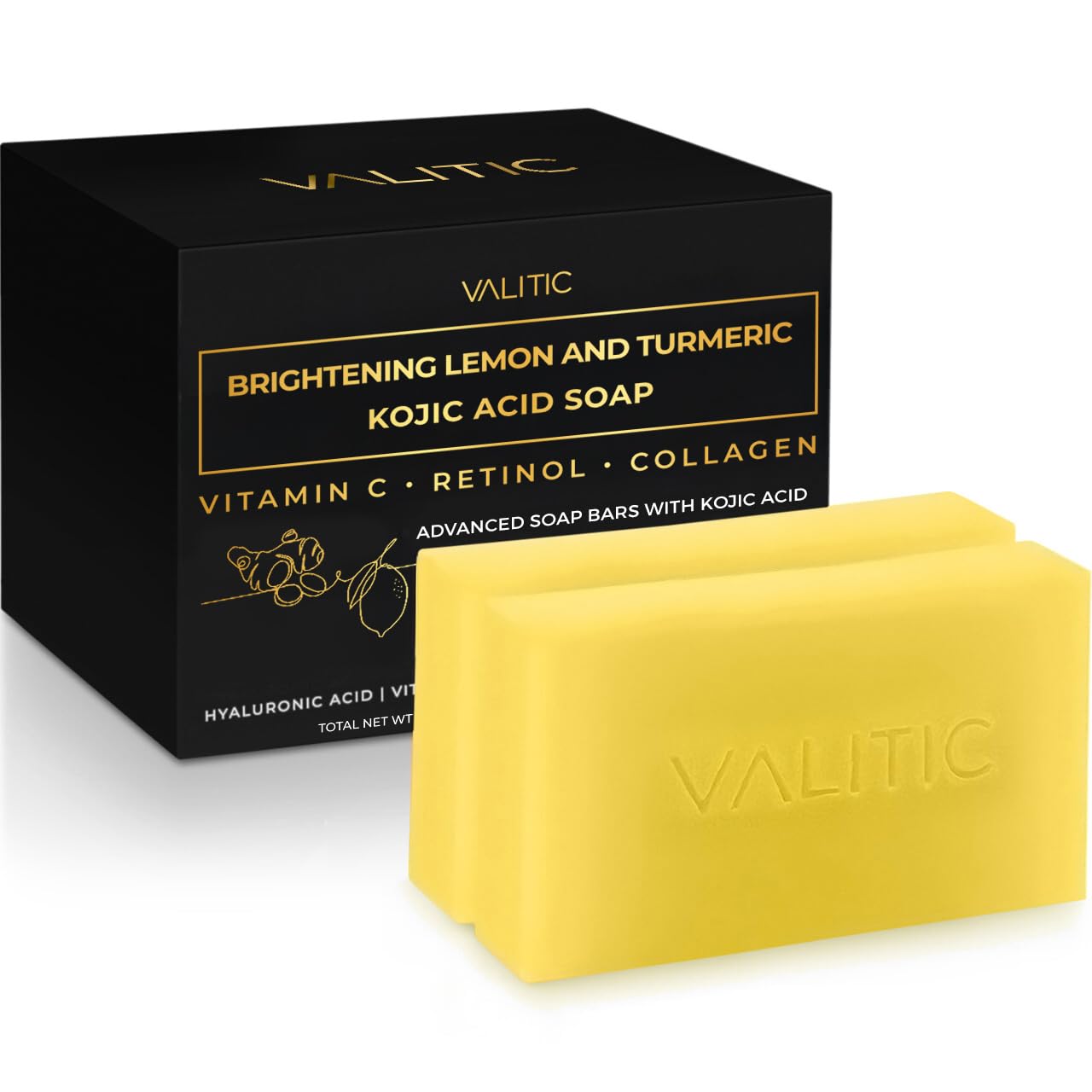 VALITIC Kojic Acid Soap - Brightening Lemon & Turmeric Formula with Vitamin C & Retinol | 2 Pack