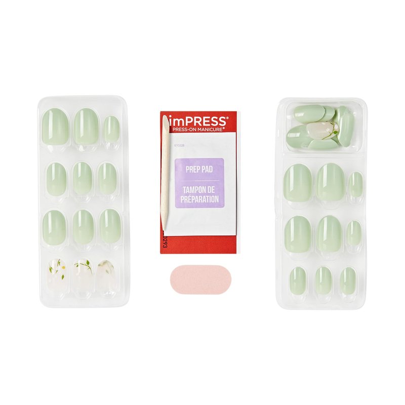 Kiss Impress No Glue Mani Press On Nails, Design, 'Velvet Bunny', Green, Short Size, Oval Shape, Includes 30 Nails, 1 Mini File, 1 Prep Pad, 1 Manicure Stick, Instruction Sheet