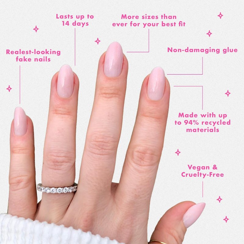 Olive & June Minimalist Instant Mani Press On Nails (Glue) | 42 Fake Nails, 21 Sizes | Non-Toxic, Long-Lasting Barely-There Look | Salon-Quality at Home | Medium, Oval | Rose Gradient Shimmer