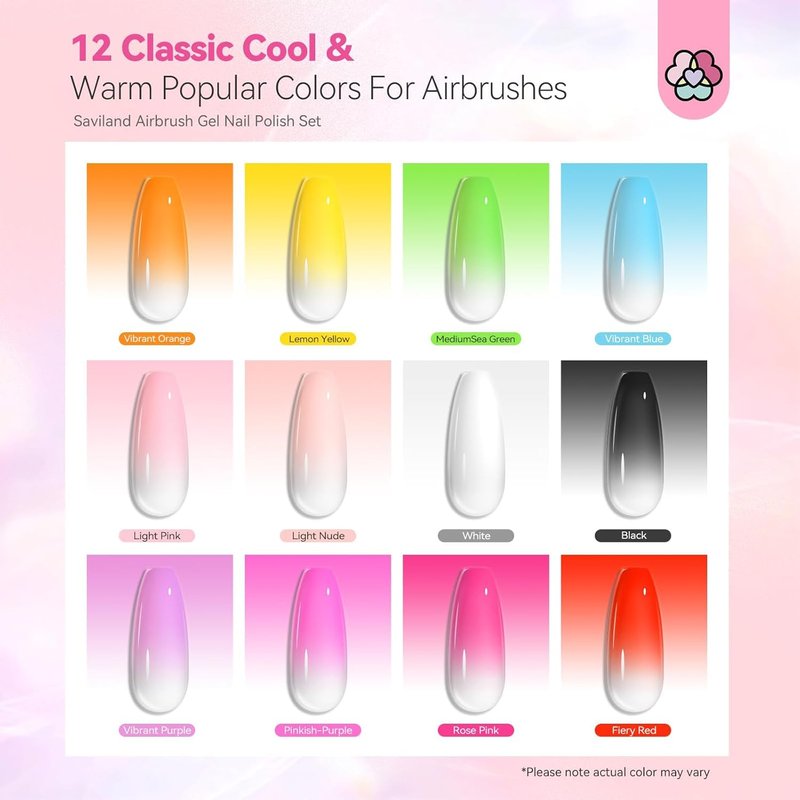 SAVILAND Airbrush Gel Nail Polish Hema-Free: Dilution-Free 12 Vitality Colors Airbrush for Nails Set Non-Acetone with Fine Mist Nail for Spray French & Ombre Nail Polish Nail Art Design Salon Kit