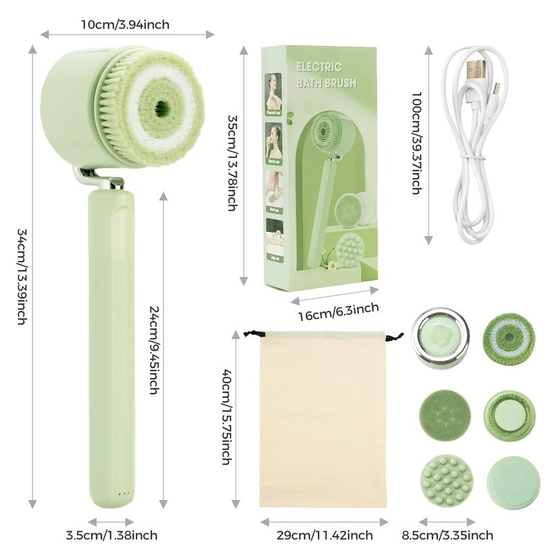 Mesiiloly Electric Body Bath Brush for Shower, Rechargeable Body Brush with Detachable Long Handle and 5 Heads, 3 Speeds Bath Brush for Skin Care, Basic Cleaning and Massage (Sliver)