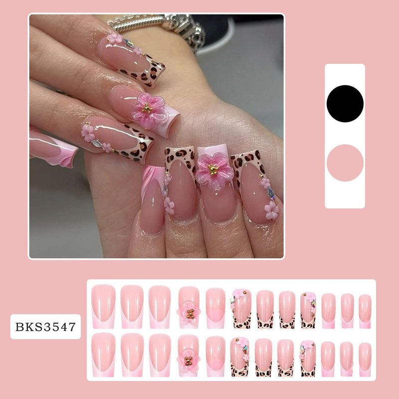 French Tip Press-On Nails - 24 Pcs Long Square Floral Design with 3D Rhinestones | Spring Summer Coffin Tips