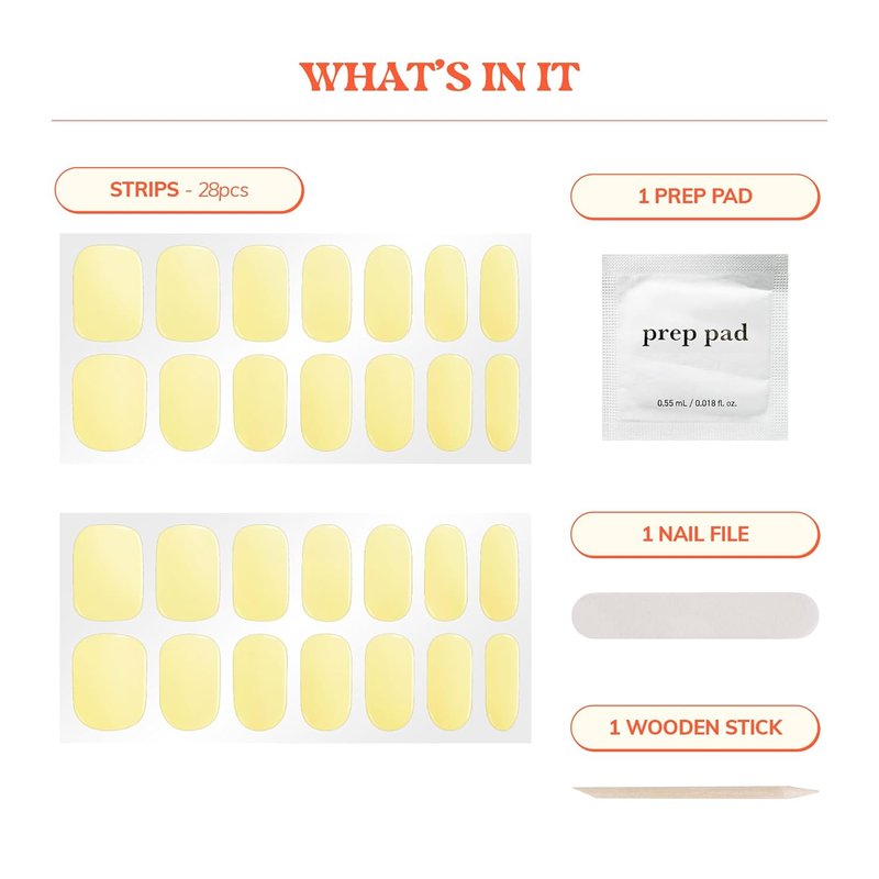 Heyhae Semi Cured Gel Nail Strips | No LED Lamp Needed | Solid, Yellow | Easy Apply & Remove, Salon Quality | Includes 28 Strips, 1 Prep Pads, Nail File & Wooden stick - Hey, Butter Me Up