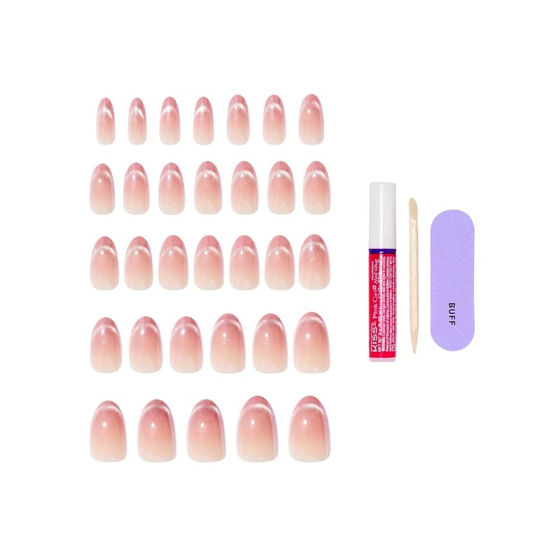 Kiss Glam Press On Nails - Stardust Wonder Pink Almond Shape | 32 Nails, Glue & Manicure Tools Included