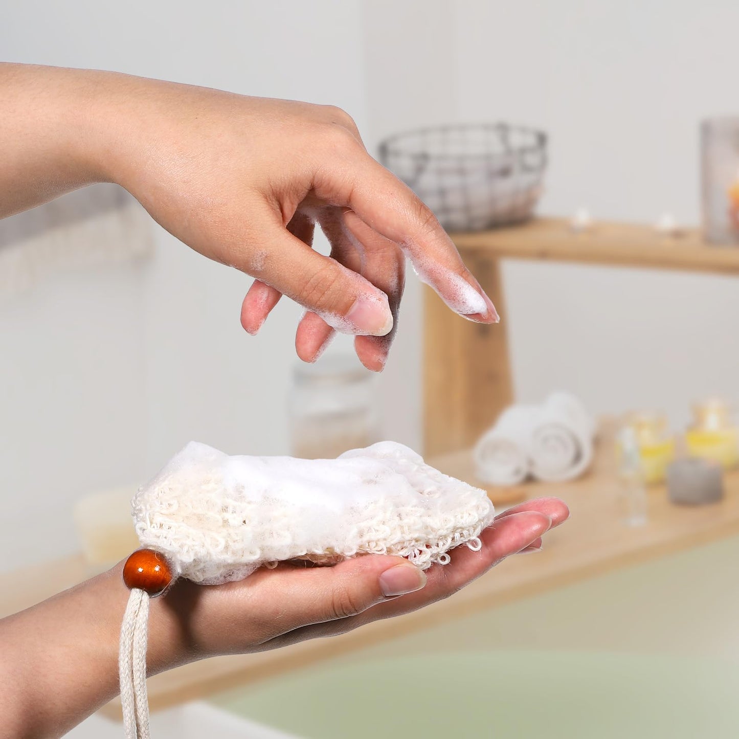Oqqlin 50 Pcs Soap Saver Bag, 5.5 × 3.5 Inch Natural Cotton Linen Soap Pouch Mesh Exfoliating Hand Made Soaps Savers with Drawstring for Bath, Shower, Massaging