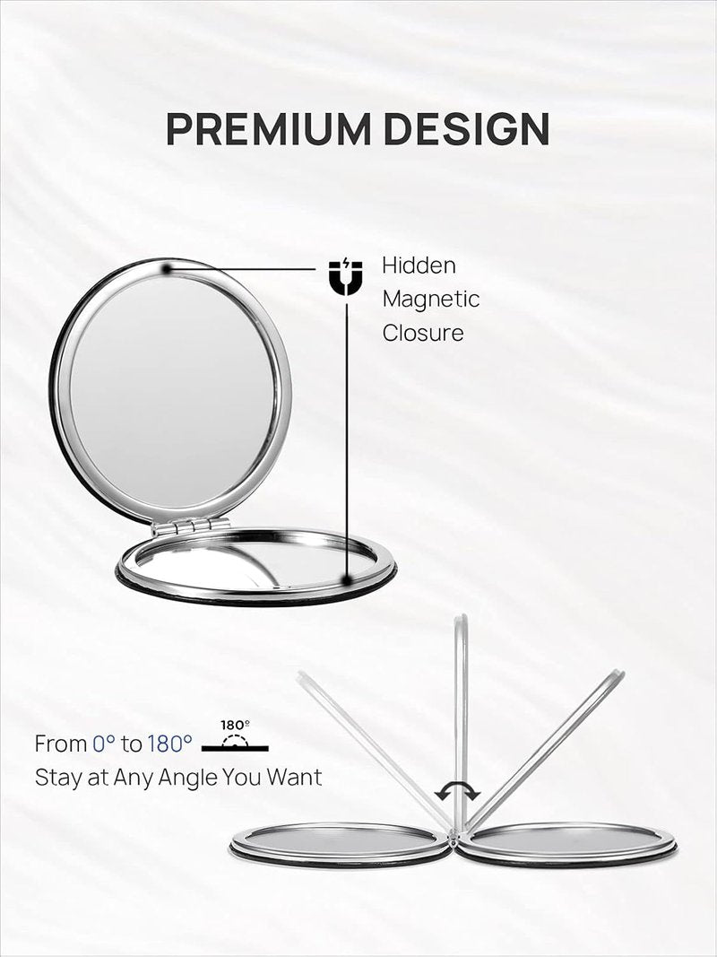 OMIRO 1X/10X Magnifying Compact Mirror - Ultra-Portable Round Black PU Leather for Travel & Purses