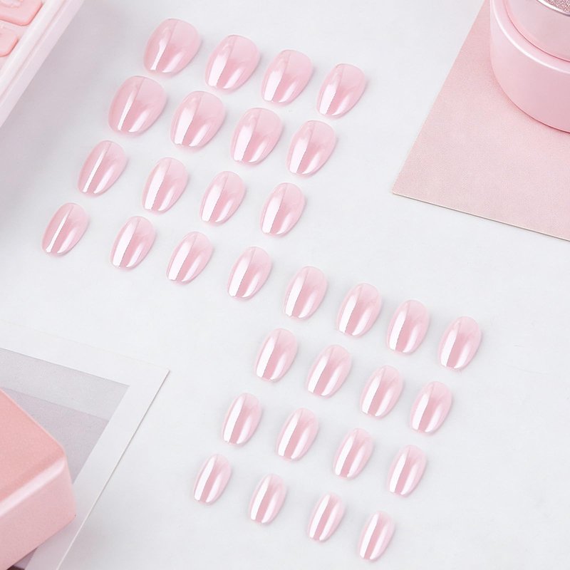 Pink Press On Nails Short Almond Fake Nails Chrome With Metal Mirror Design Artificial Glossy Acrylic Nails Glossy Full Cover False Nail Cute Stick On Nail For Women Manicure Decoration 32pcs