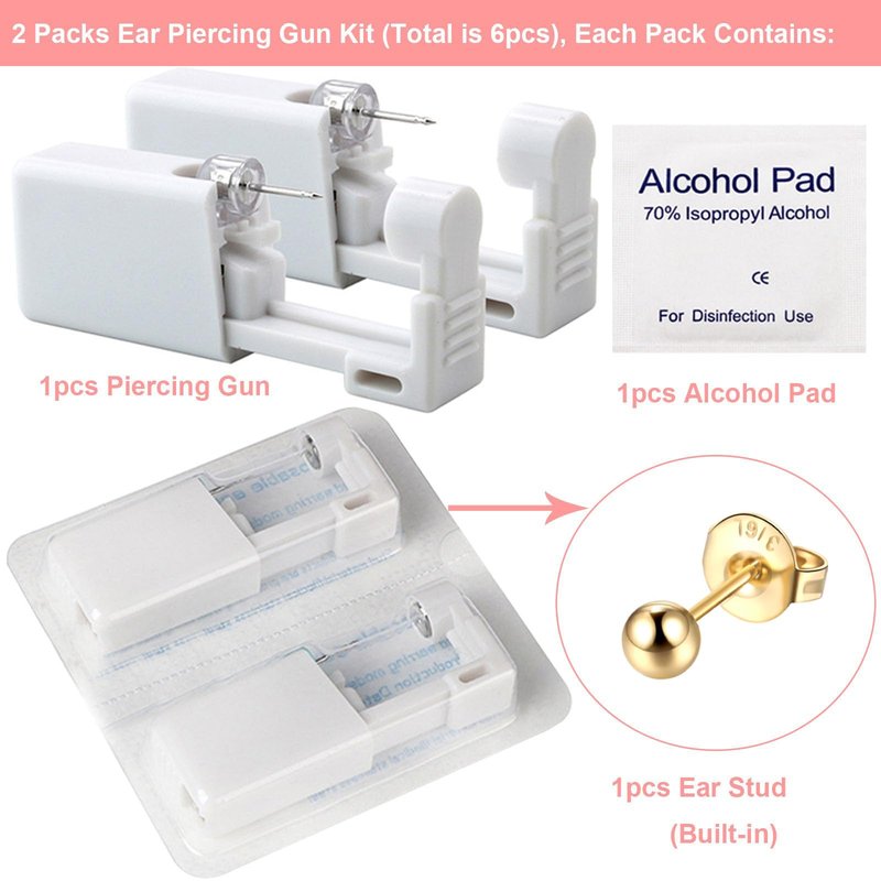 Ear Piercing Gun Kit - Lyuxzad 6Pcs Disposable Ear Piercing Kit Including 2Pcs Self Ears Piercing Gun with 2Pc Built-in Earrings Stud and 2Pcs Clean Tools for Ears Cartilage Piercing Kit(Gold) (Gold204)