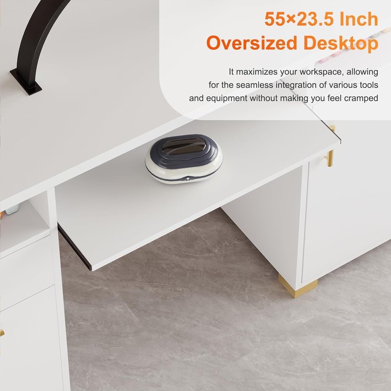MaverickFurni White Nail Desk for Nail Tech, Manicure Table with 2 Drawers and Cabinet, 55 Inch Nail Table with Adjustable Shelf, Manicure Table Nail Station, White and Gold