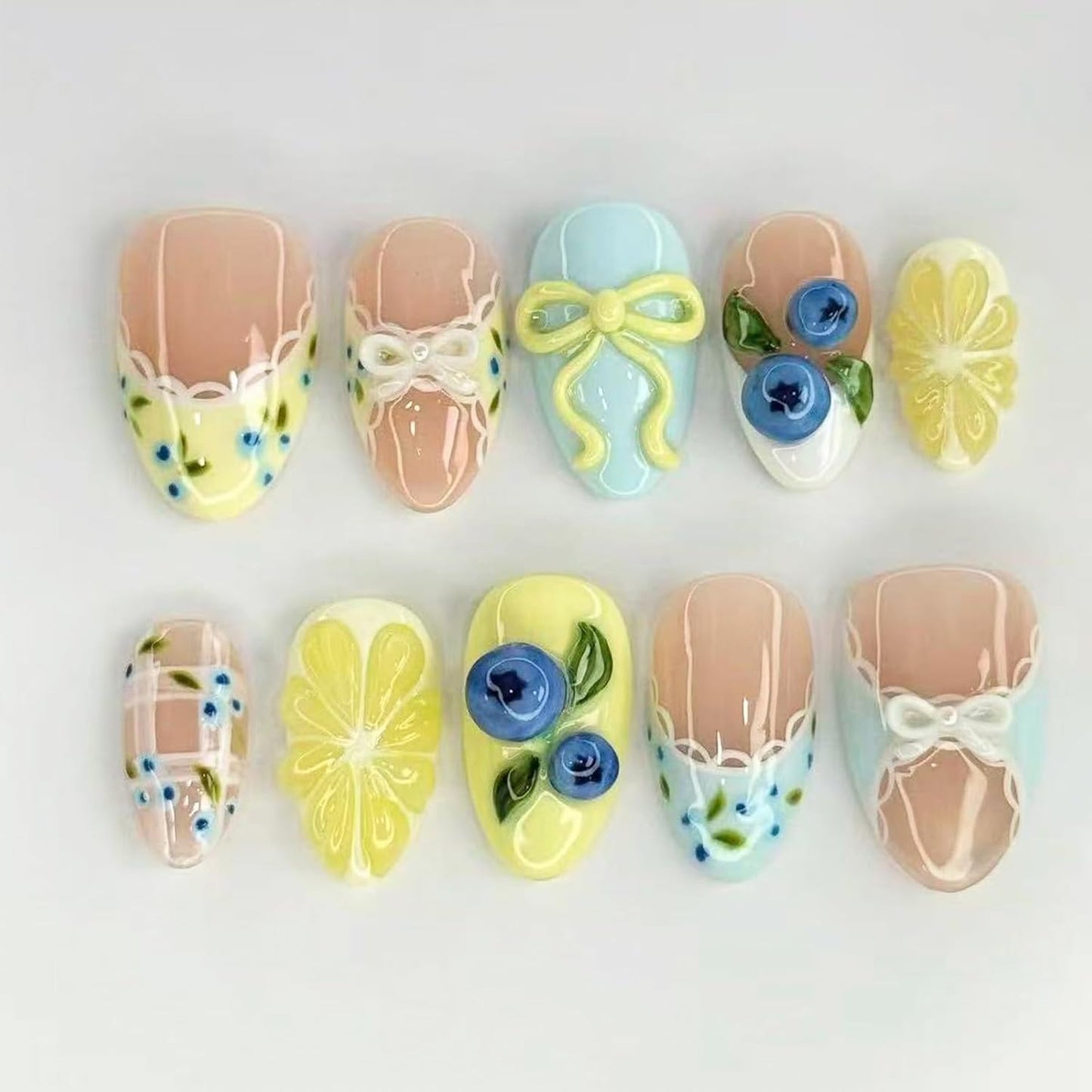 Spring French Tip Press On Nails - 30 Pcs Short Almond Shape 3D Lemon Blueberry Bow | Reusable Acrylic Summer Fruit Themed