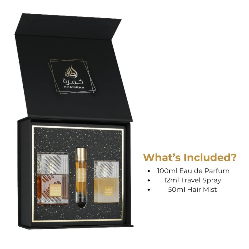 Lattafa Khamrah | Eau De Parfum Gift Set with 100ml Perfume, 12ml Travel Spray & 50ml Hair Mist