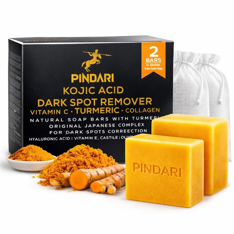 Pindari Turmeric Kojic Acid Soap Bar 2 Pack 3.53 oz Each | Face & Body Cleansing Bar with Vitamin C | Collagen | Hyaluronic Acid | Vitamin E & Shea Butter | SLS Free | Paraben Free | Vegan