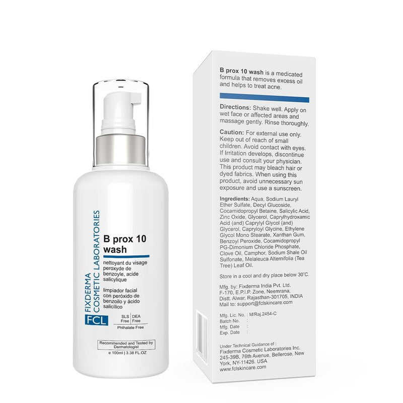 FCL 2% Benzoyl Peroxide Face Wash, B-Prox 10 Face Wash for Acne Exfoliate Blackheads Controls Oil Production, Soap free Non-Drying, Non-comedogenic Cleanser - 3.38 FL Oz