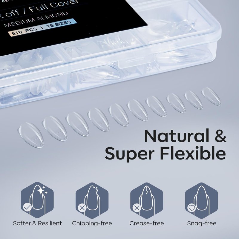 Modelones Fake Nail Tips - 510 Pcs Almond Shape Medium Clear Set with 15 Sizes & Nail Stand