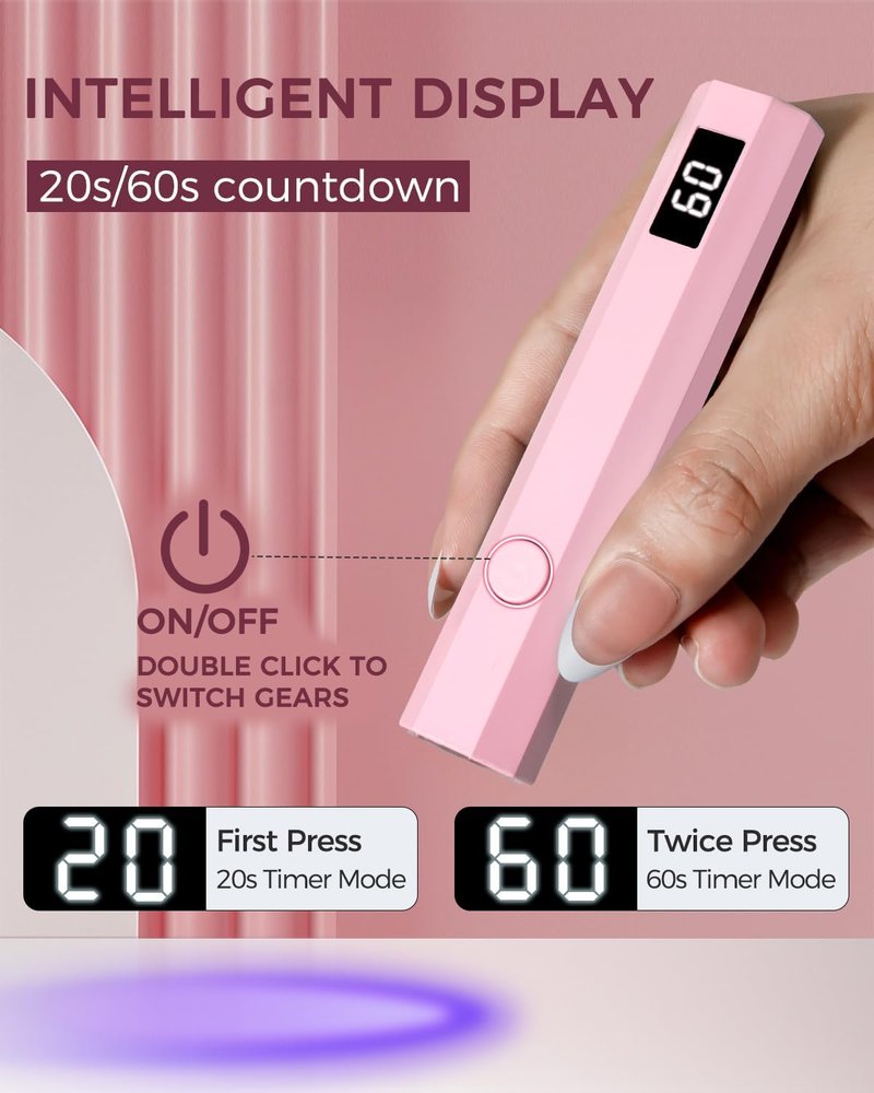 Mlogiroa UV Nail Light - Handheld 3W LED Lamp with 2 Timer Settings for Gel Polish | Portable Pink Design
