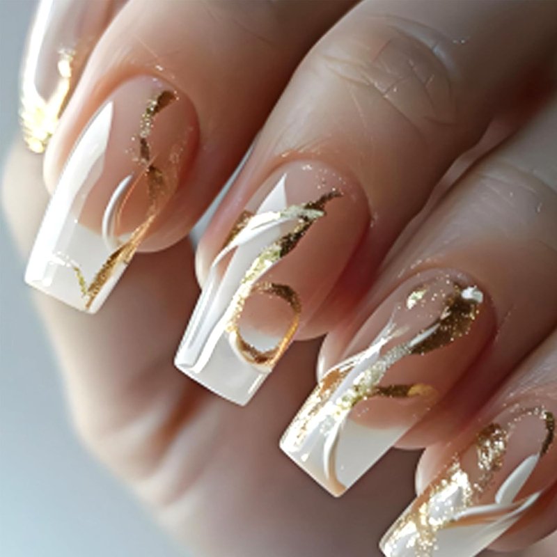 Skiennix Gold Glitter Press-On Nails - Medium Square Acrylic Tips with Curve Lines Design | 24 Pcs Full Cover
