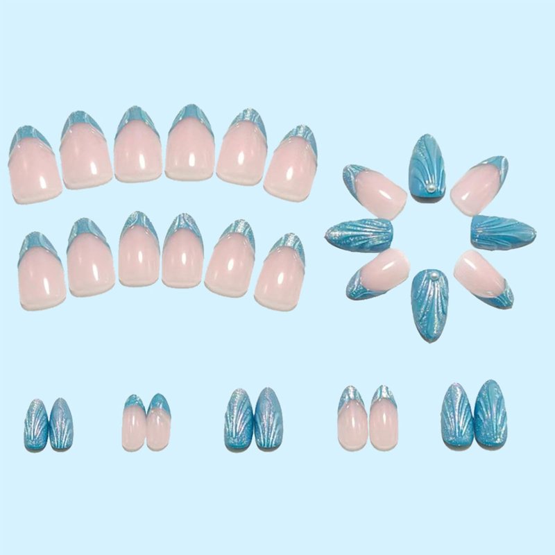 30Pcs Short Almond Press on Nails 3D Blue French Tip Fake Nails with Aurora Glitter Designs Ocean Press on False Nails Pearl Acrylic Nail Full Cover Artificial Stick on Nail for Women