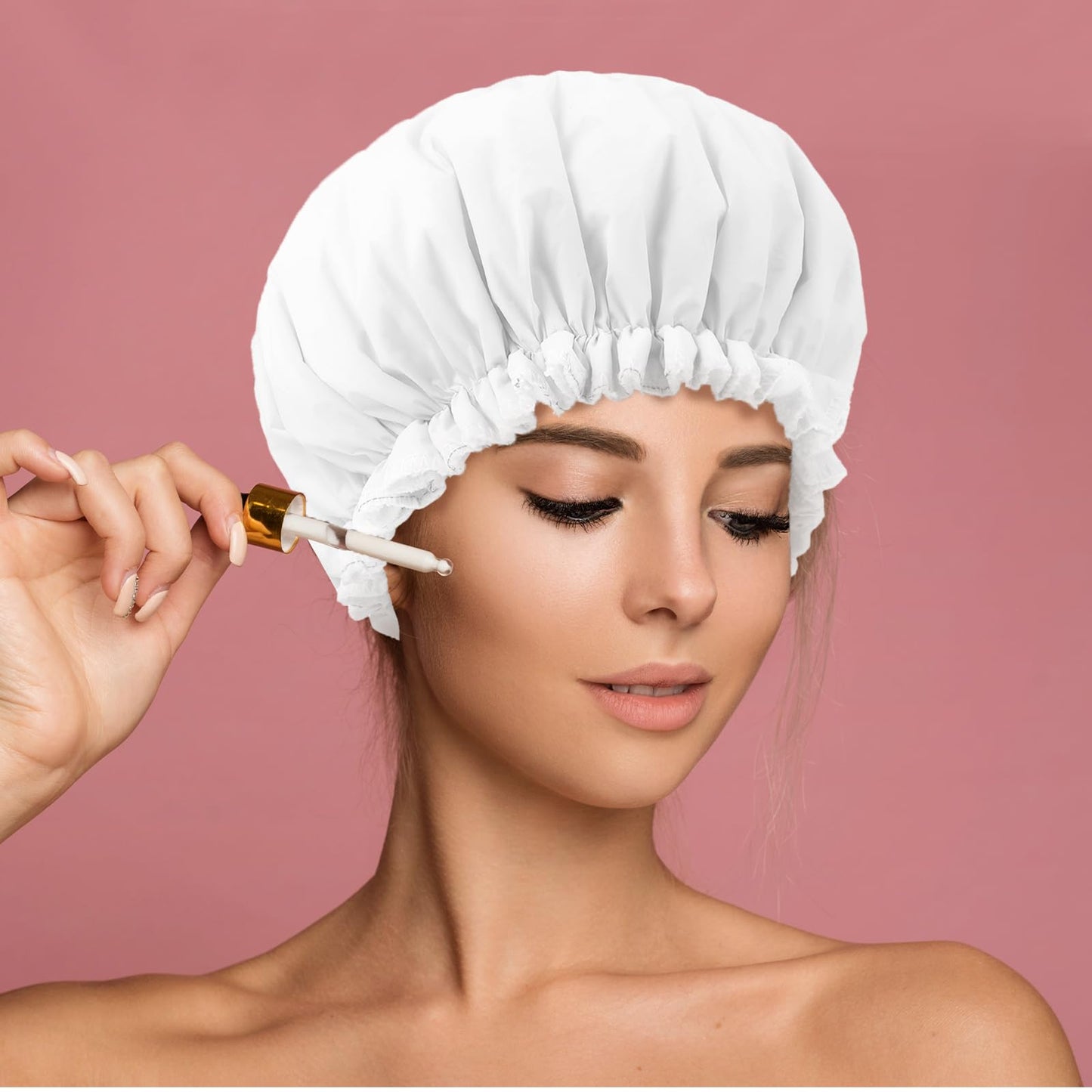JIYIN Reusable Shower Caps for Women, Terry Cloth Lined Shower Cap Double Layer Reusable Bath Cap Waterproof Elastic Band Hair Cap for All Hair Lengths for Women Spa Home Salon Use(White)