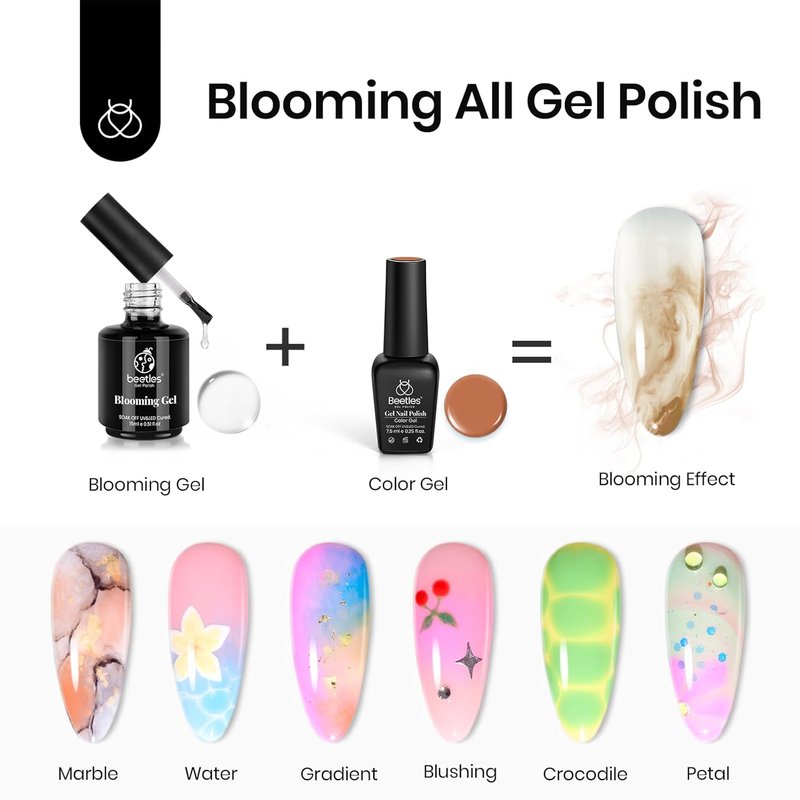 Beetles Nail Art Brushes Set - 5 Pcs Liner Brushes & 15ml Clear Blooming Gel Polish for Marble Effect